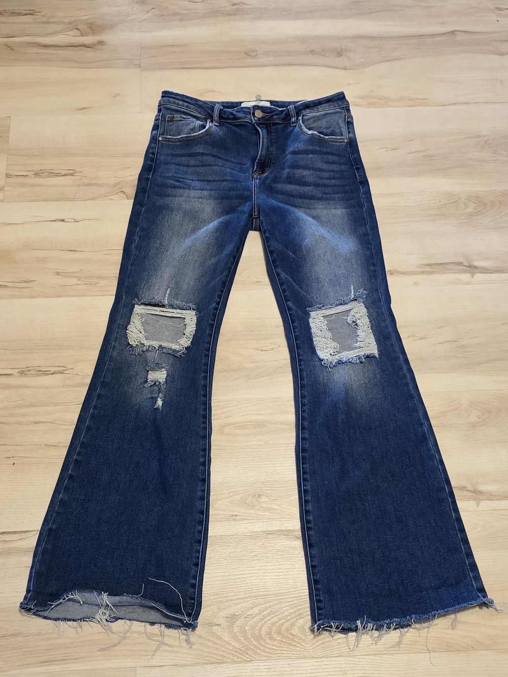 Risen Jeans 13/31 Distressed High Rise Flare Jeans Raw Hem Dark Wash